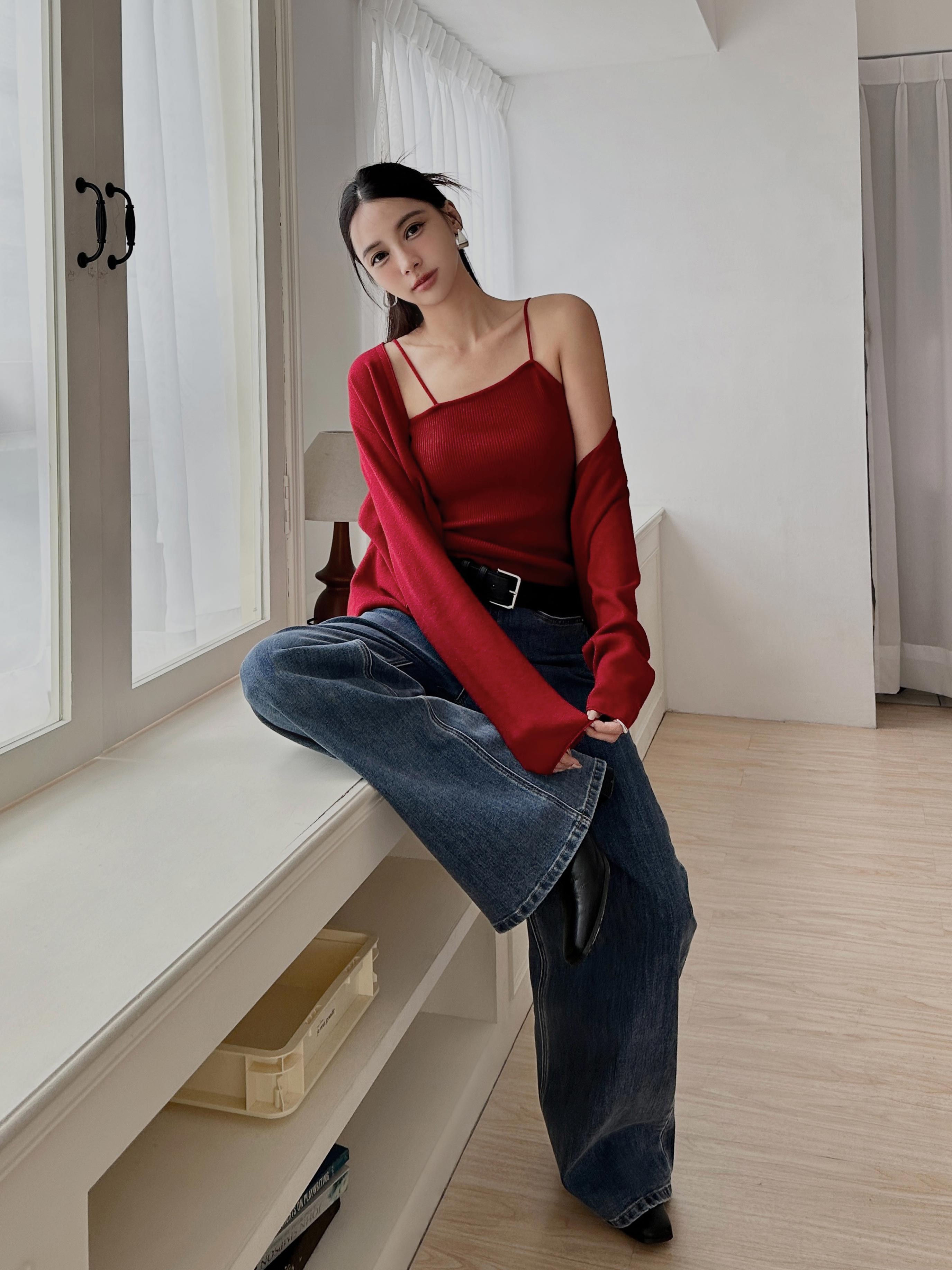 坑紋針織背心+罩衫二件式