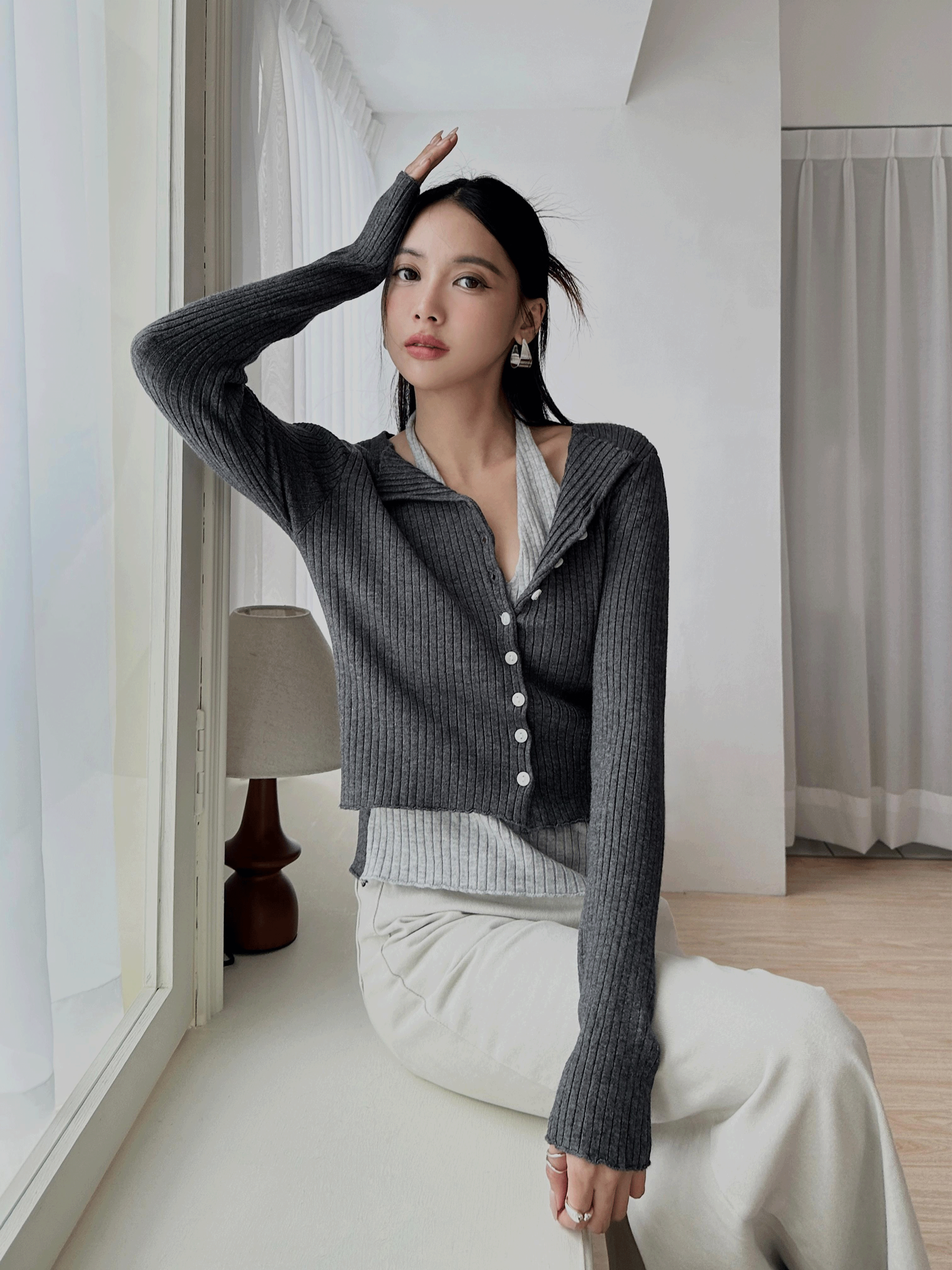 (灰預購)坑條假兩件針織上衣