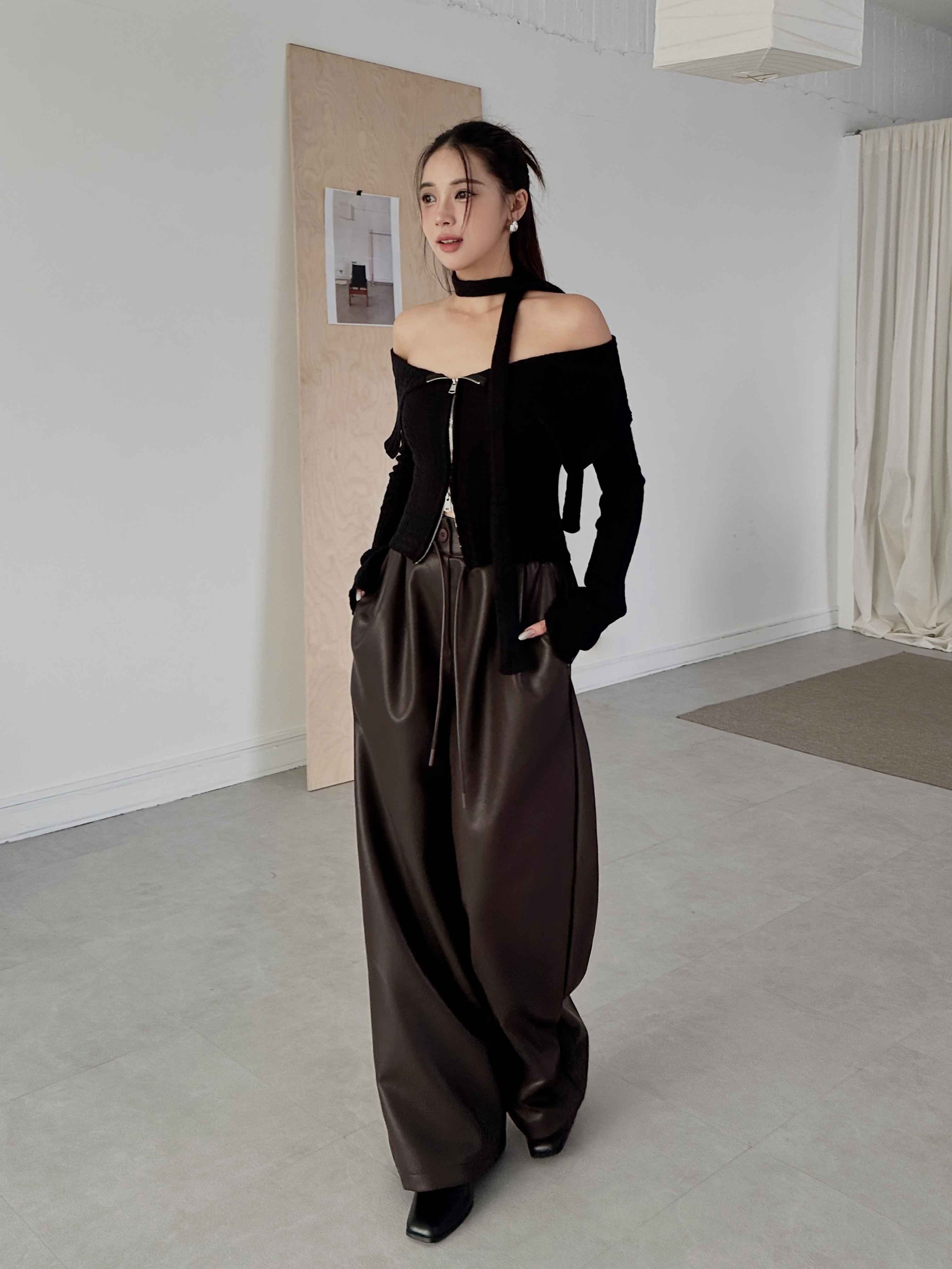 平肩拉鍊針織上衣(附帶)