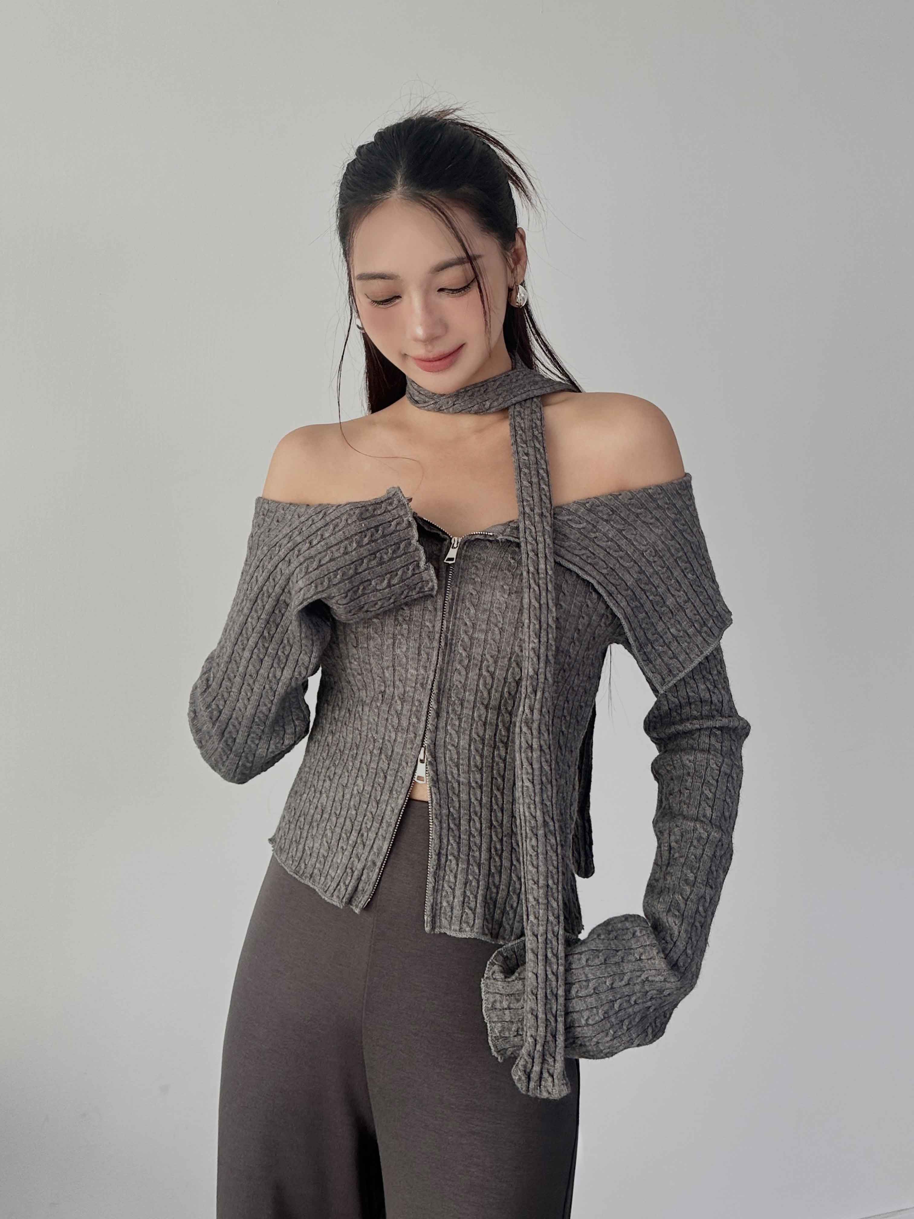 平肩拉鍊針織上衣(附帶)