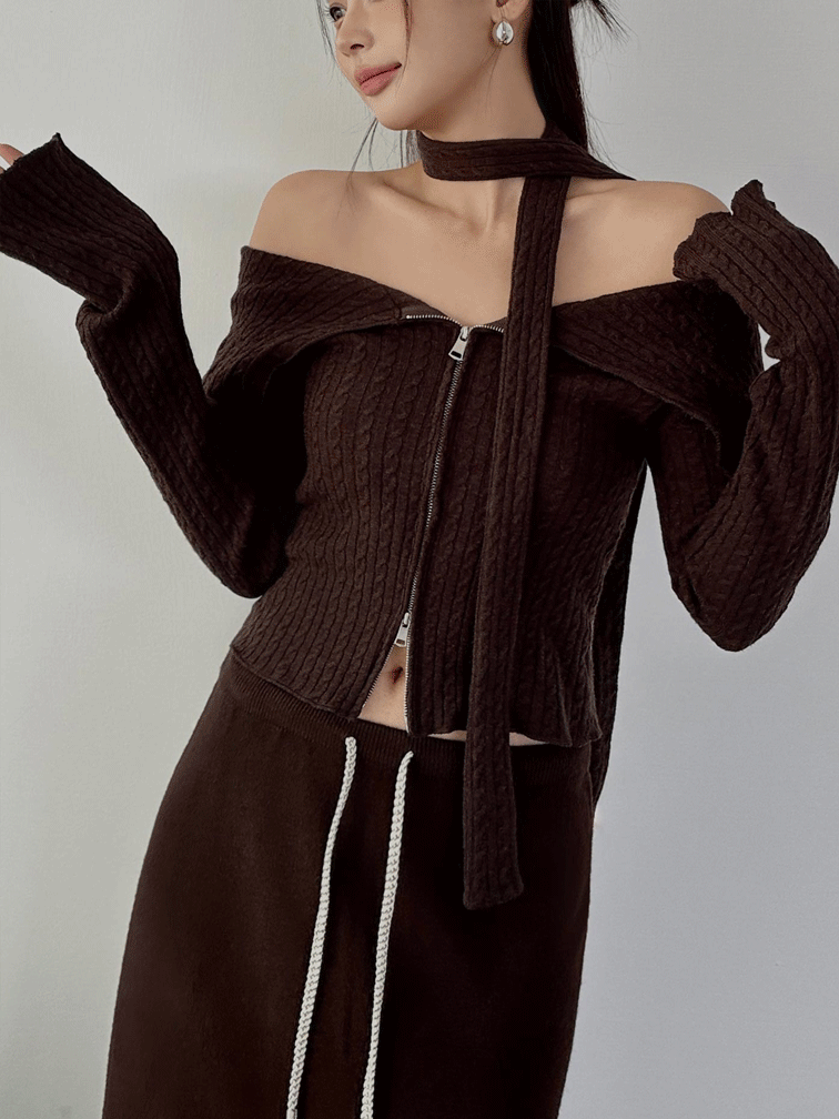 平肩拉鍊針織上衣(附帶)