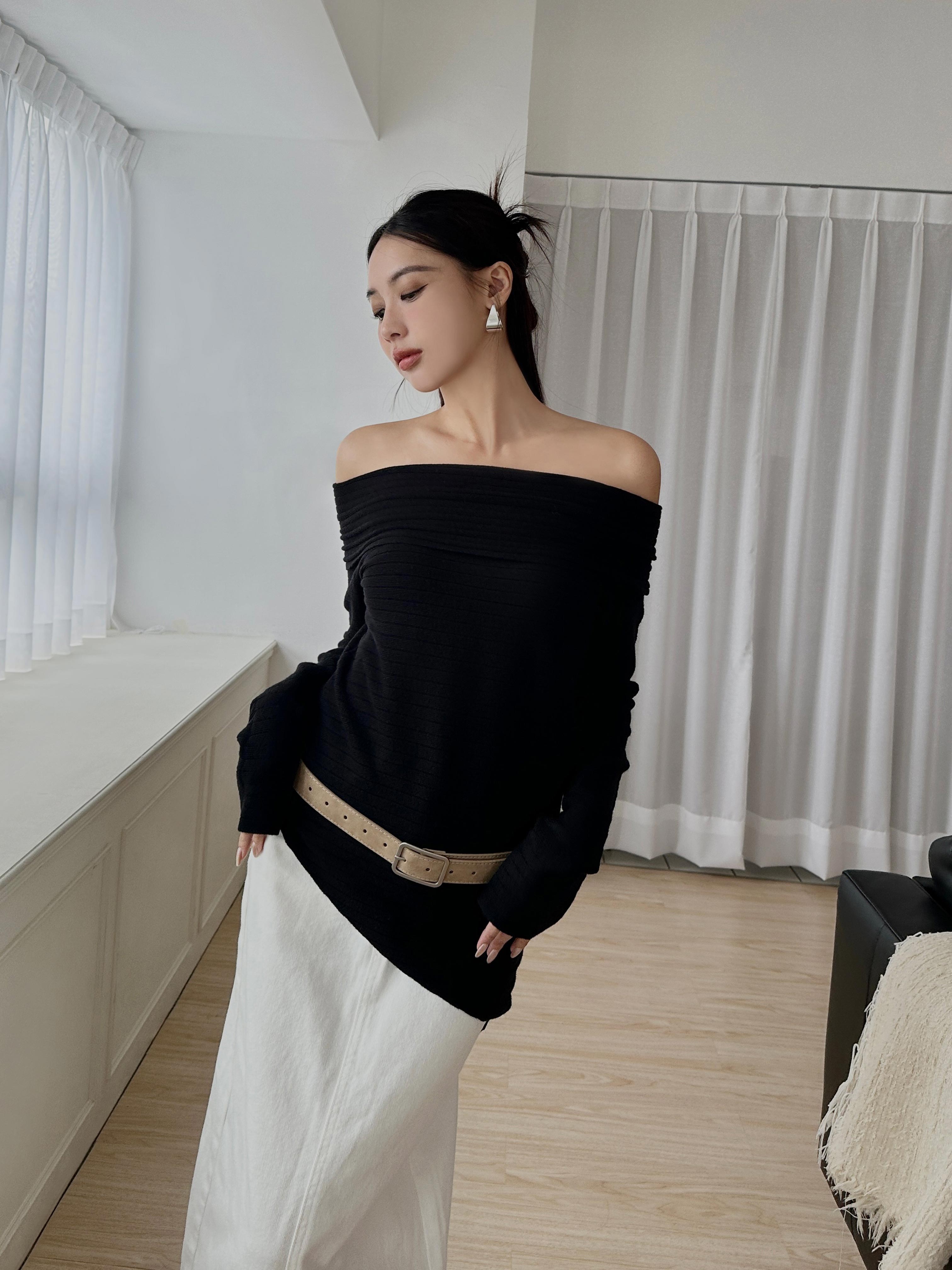 坑條簡約一字領上衣