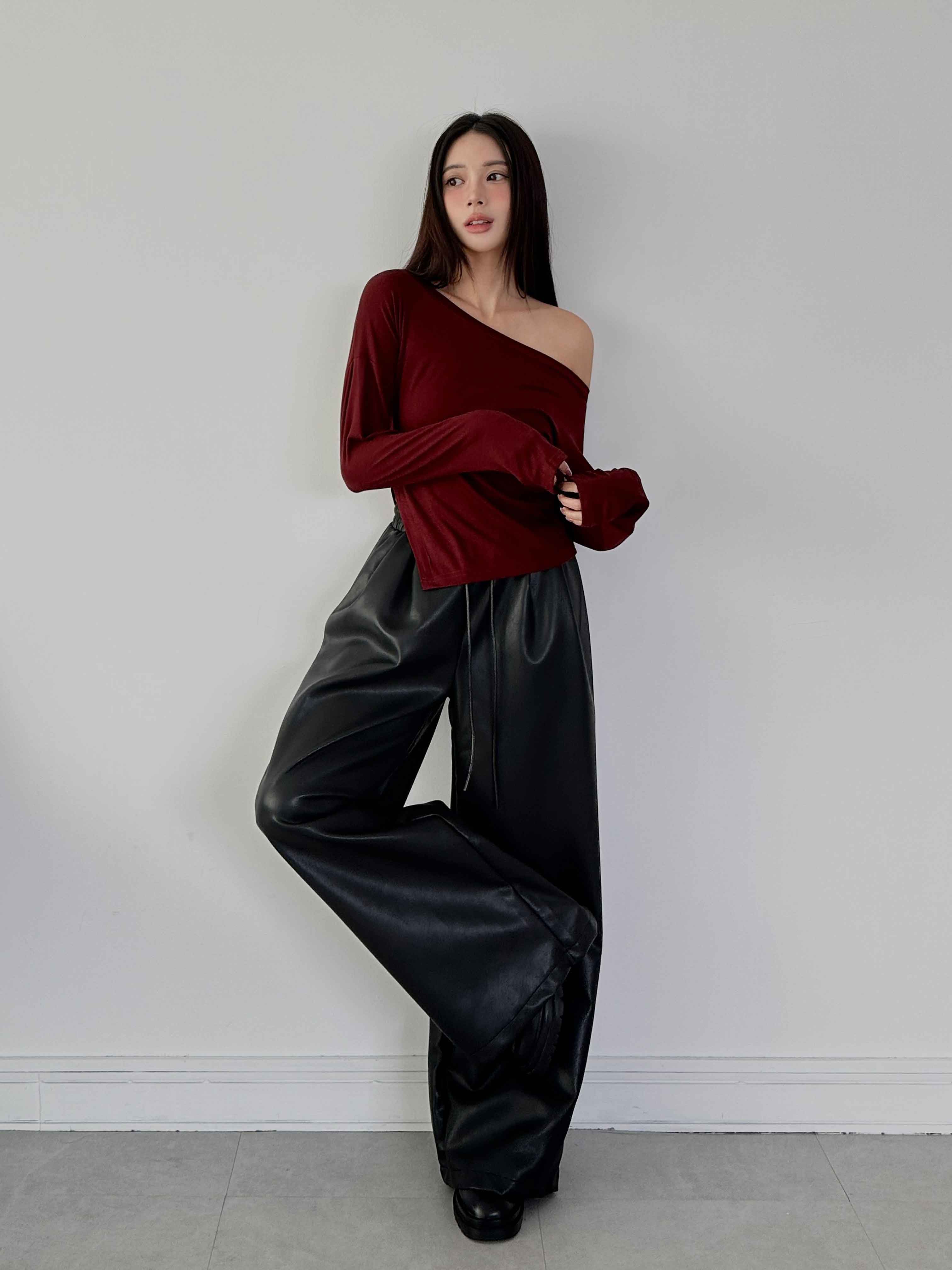 霧面抽繩皮革長褲