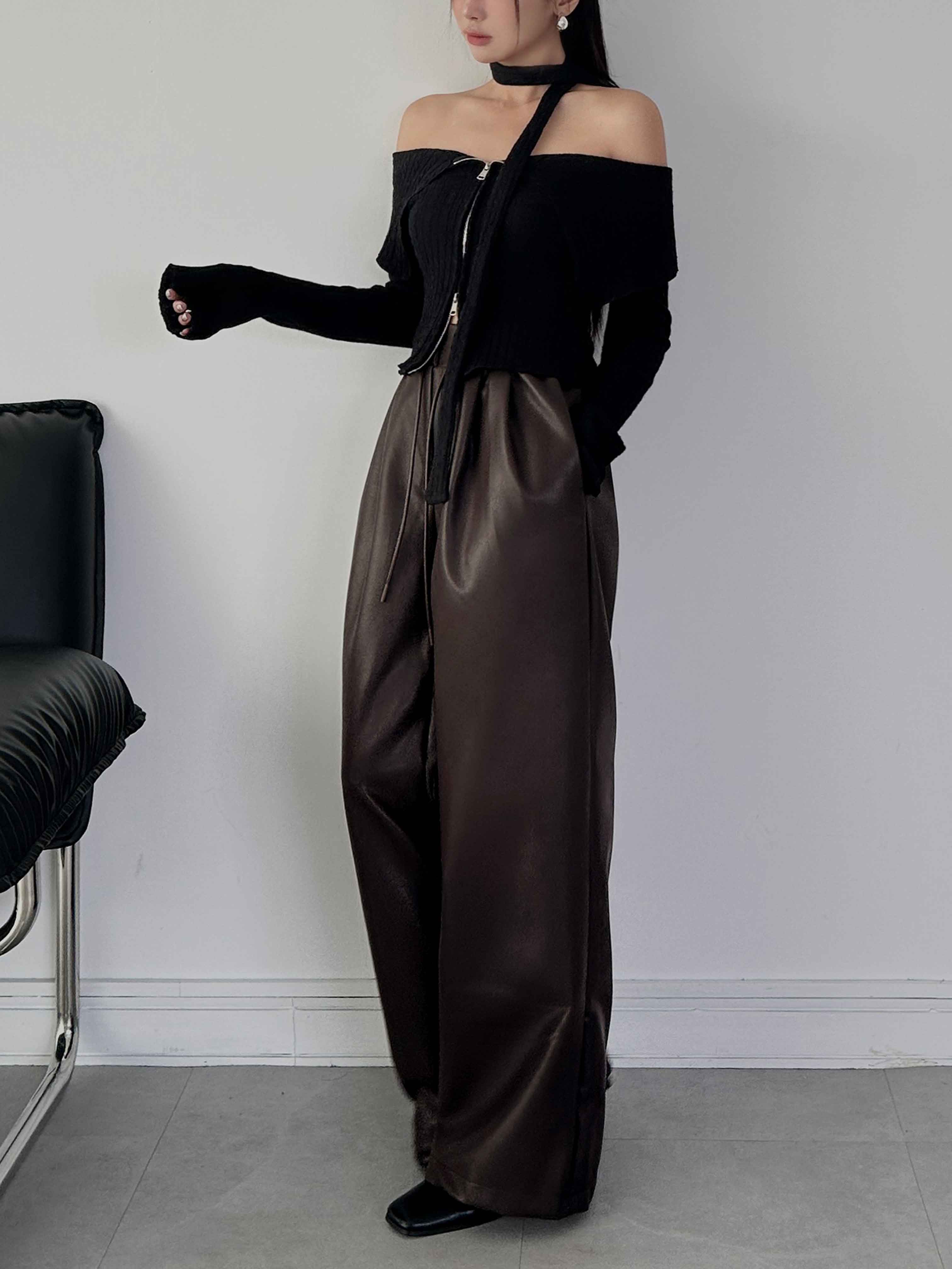 霧面抽繩皮革長褲