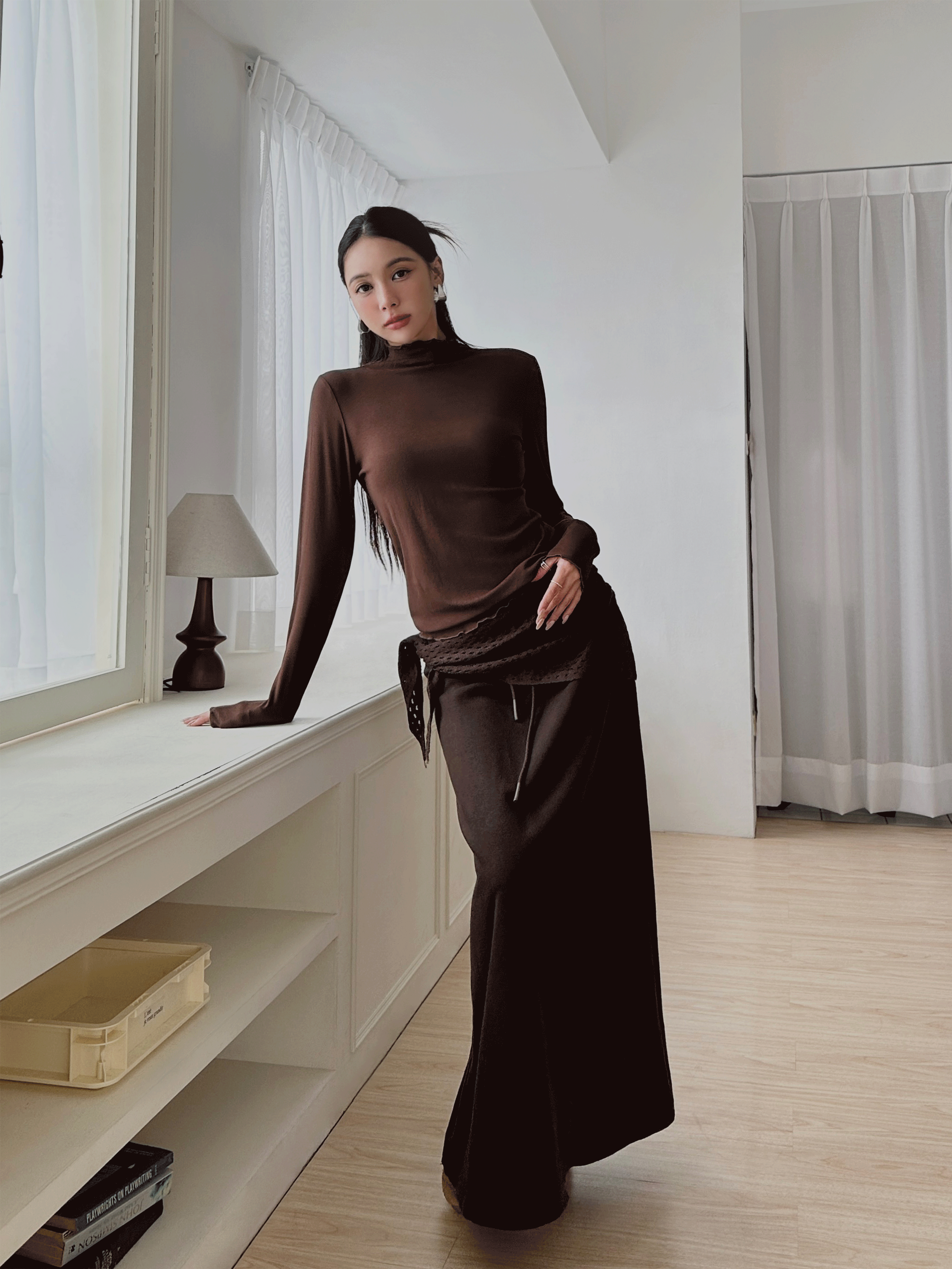 修身磨毛長裙(附腰巾)