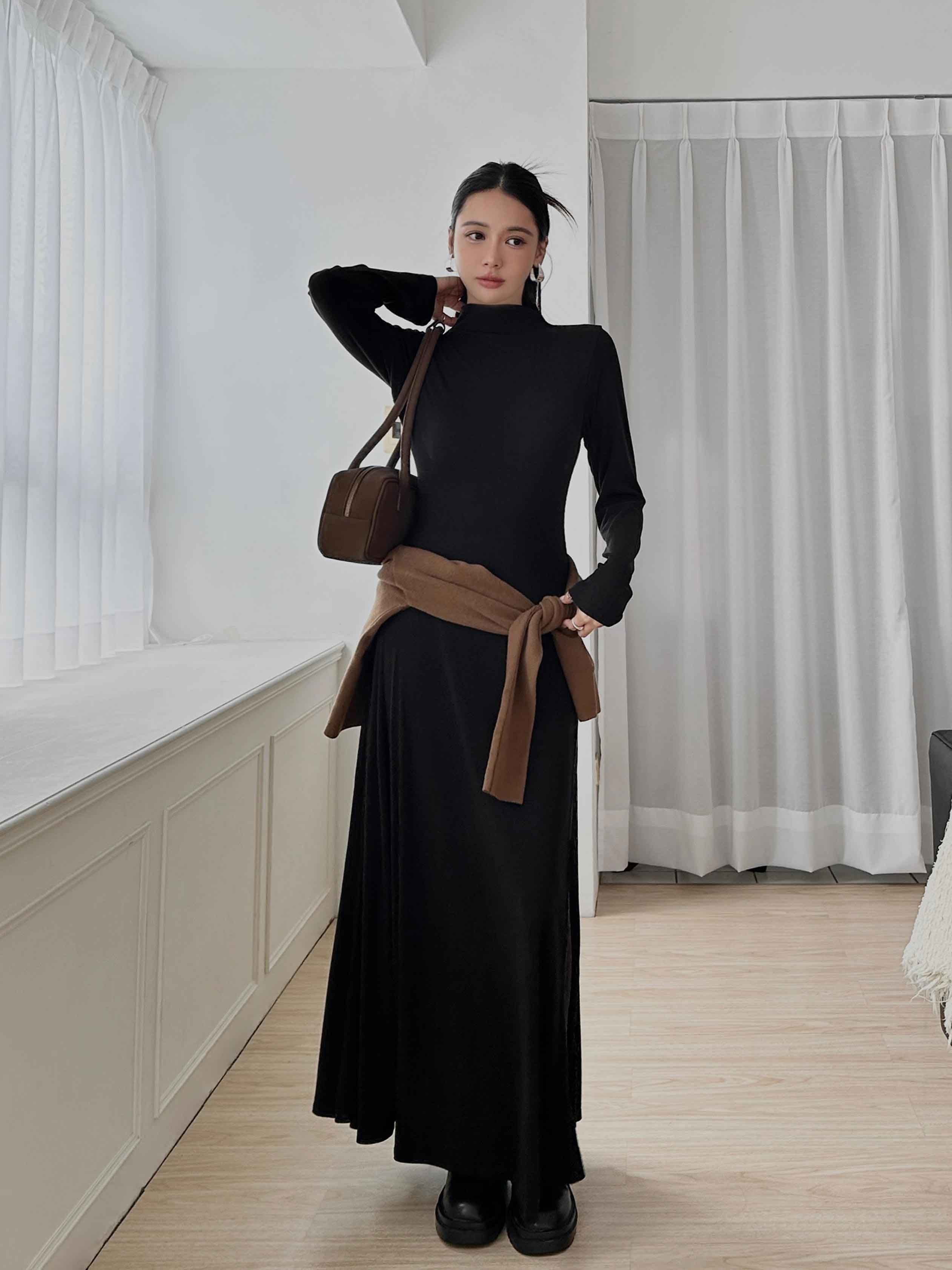 小高領傘擺連身洋裝