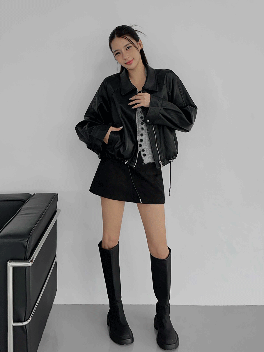 短版翻領抽繩皮外