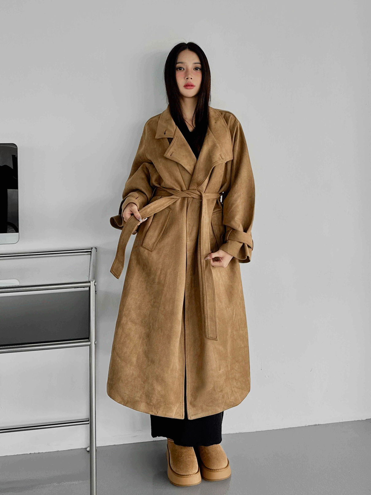 摩登感翻領麂皮大衣 (附帶)