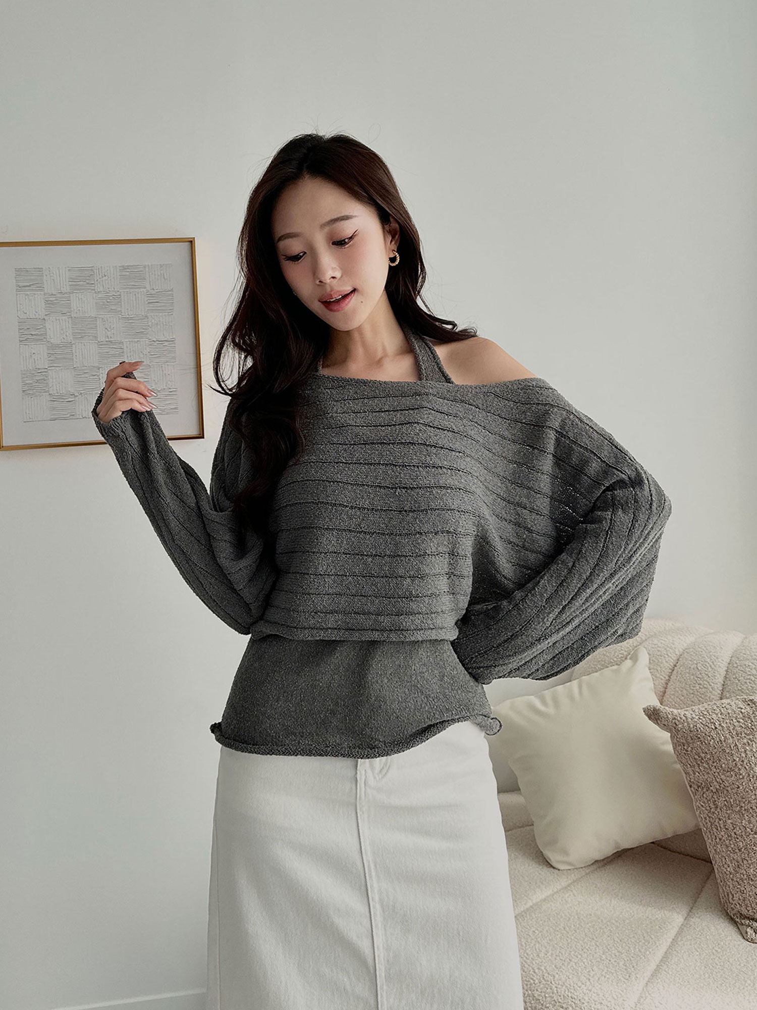 二件式寬條針織上衣(附帶)