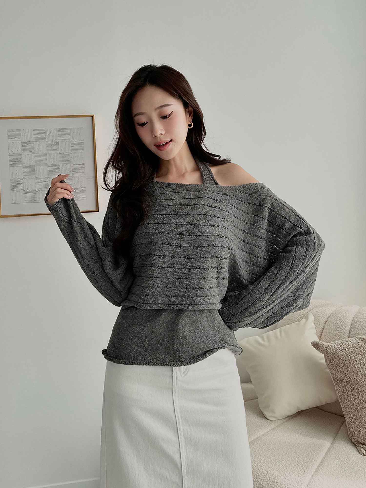 二件式寬條針織上衣(附帶)