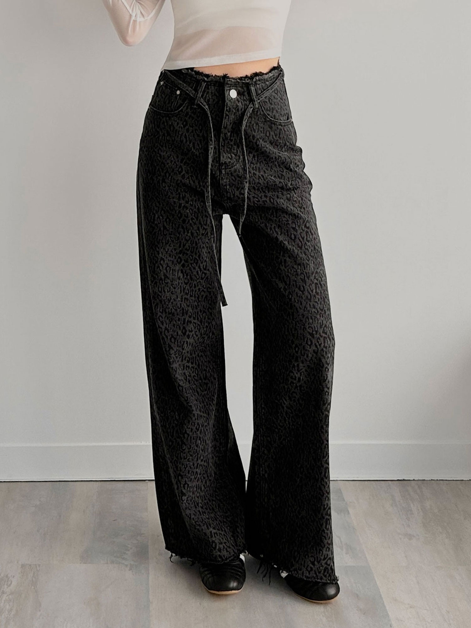 抽鬚設計豹紋長褲(附帶)