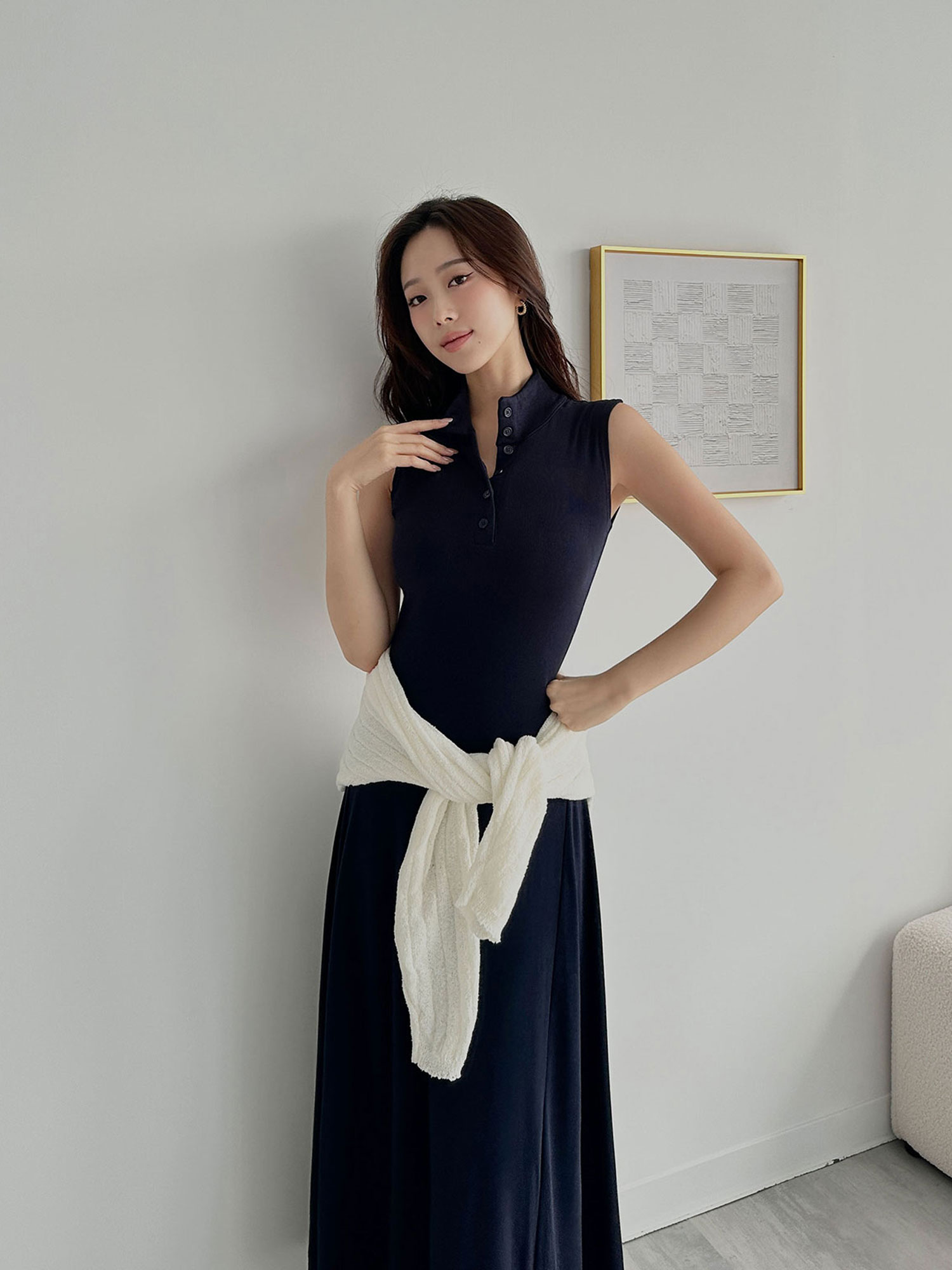 立領小排釦無袖連身裙