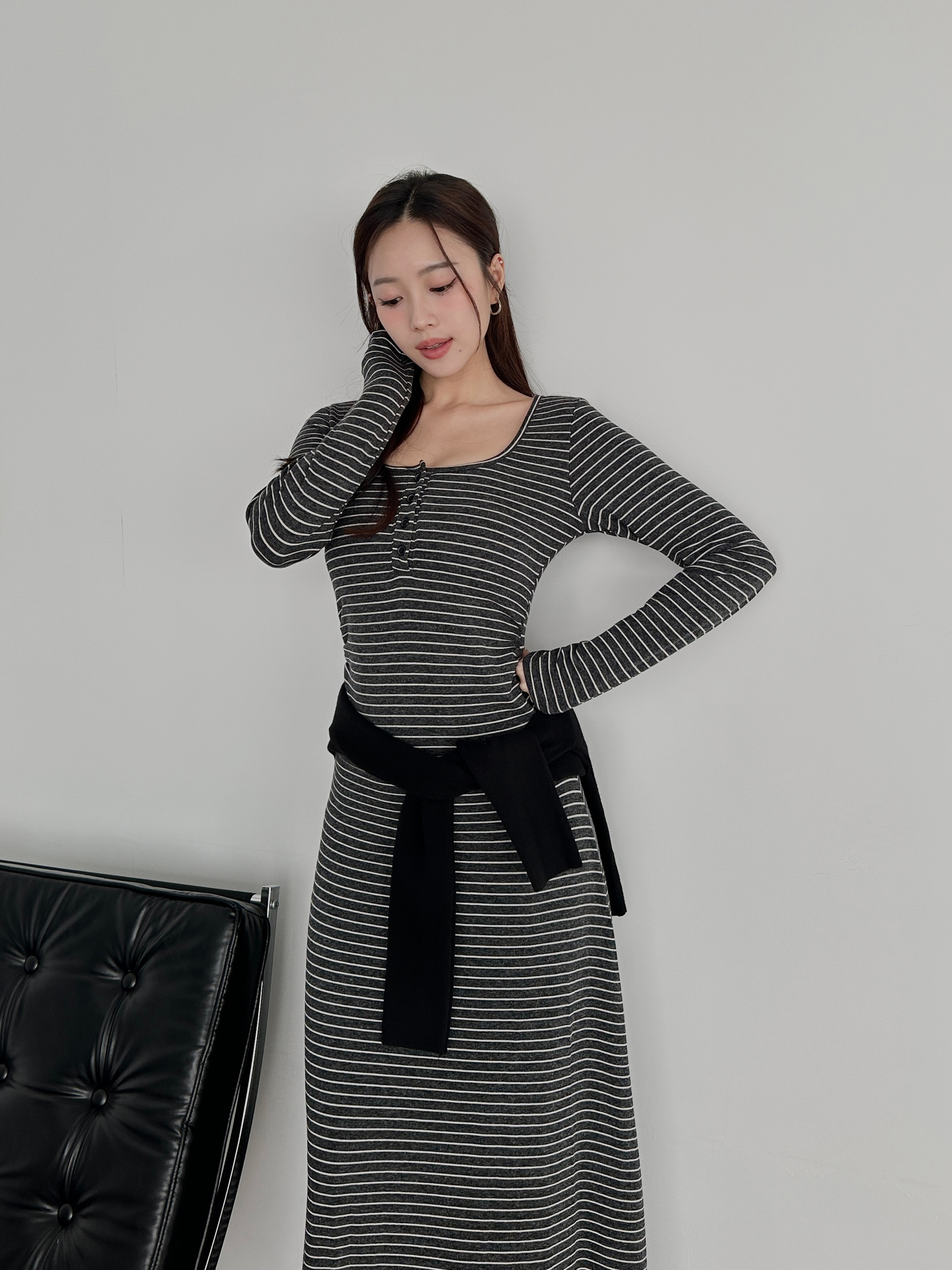 條紋排釦連身裙