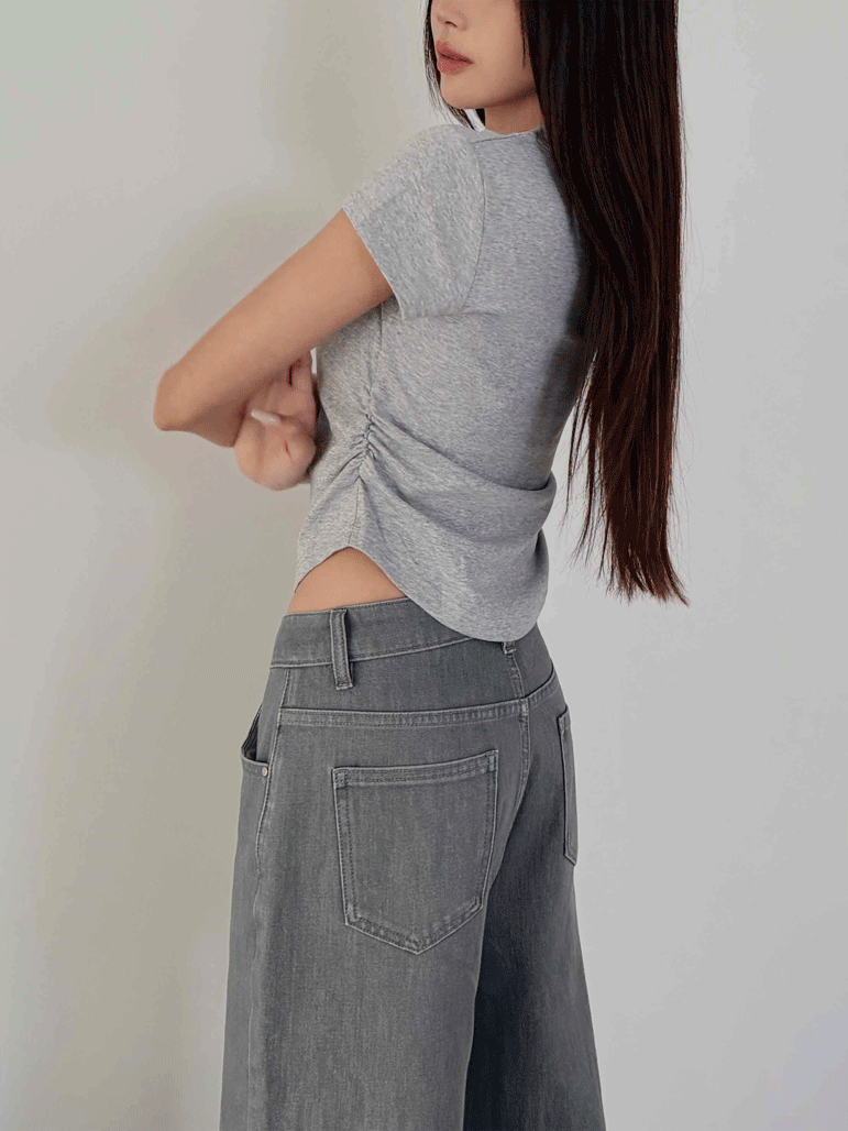 精梳棉圓領側抓皺上衣