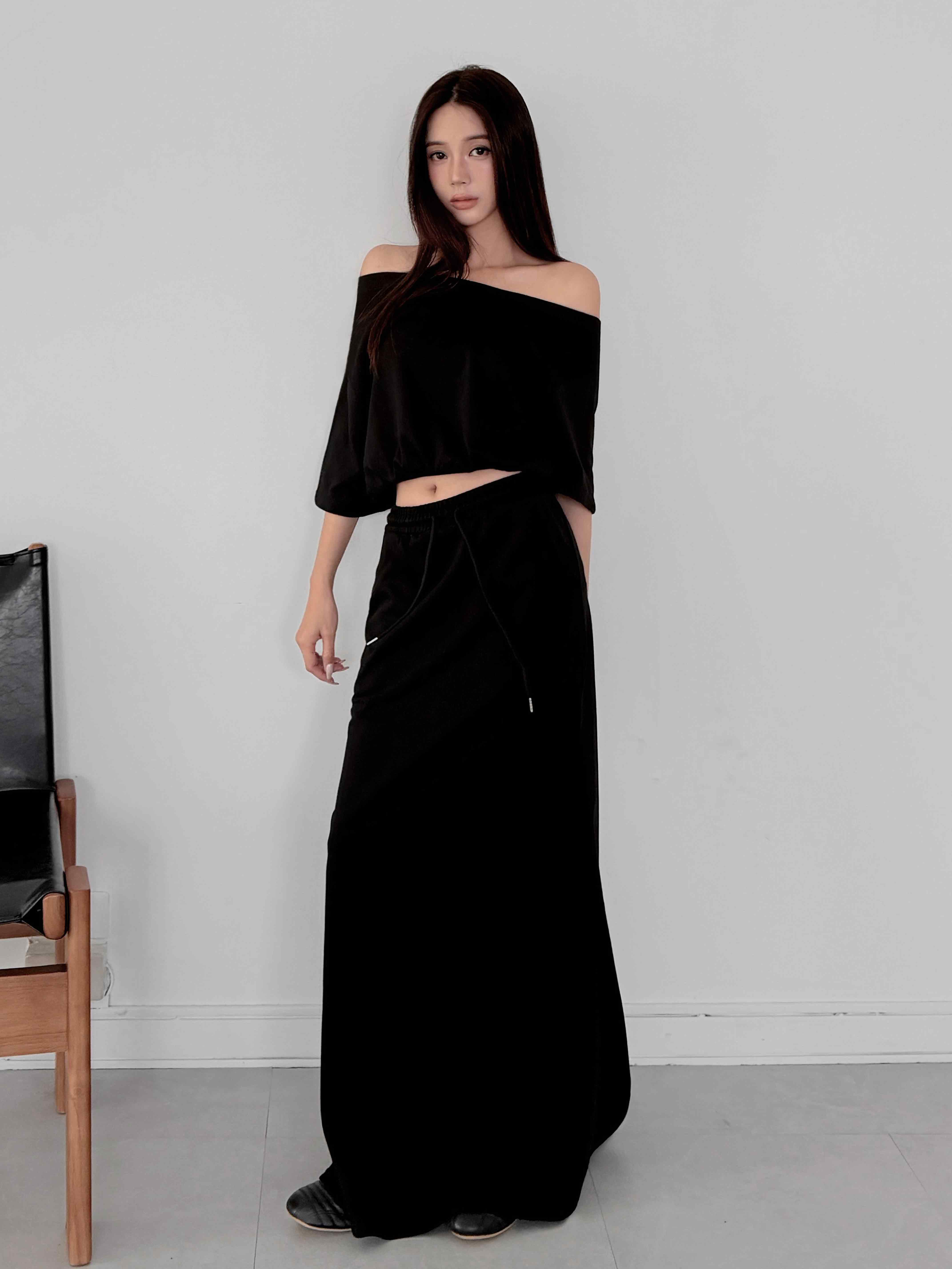 棉質一字領長裙套裝