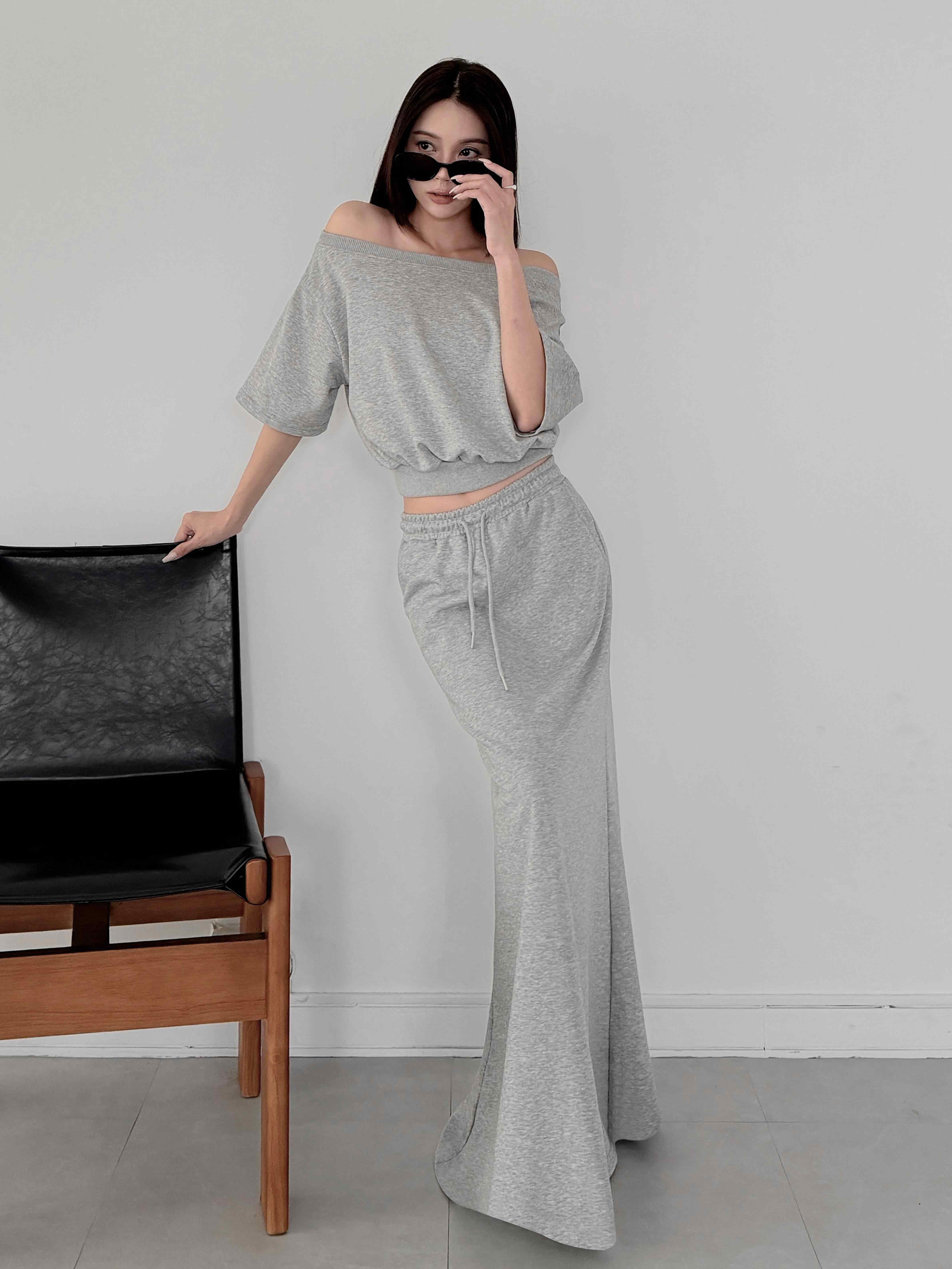 棉質一字領長裙套裝