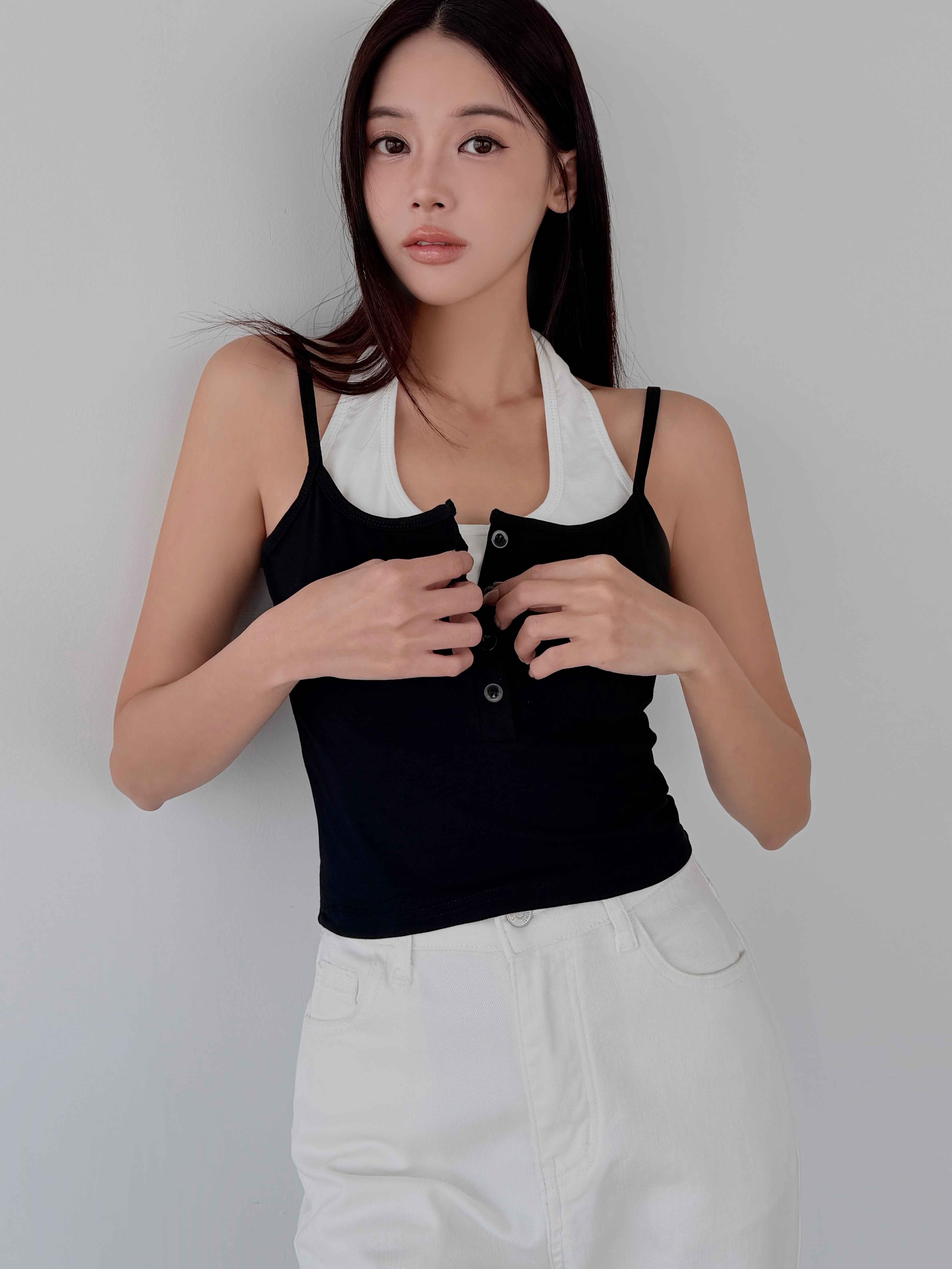 棉彈假兩件排扣 BRA TOP