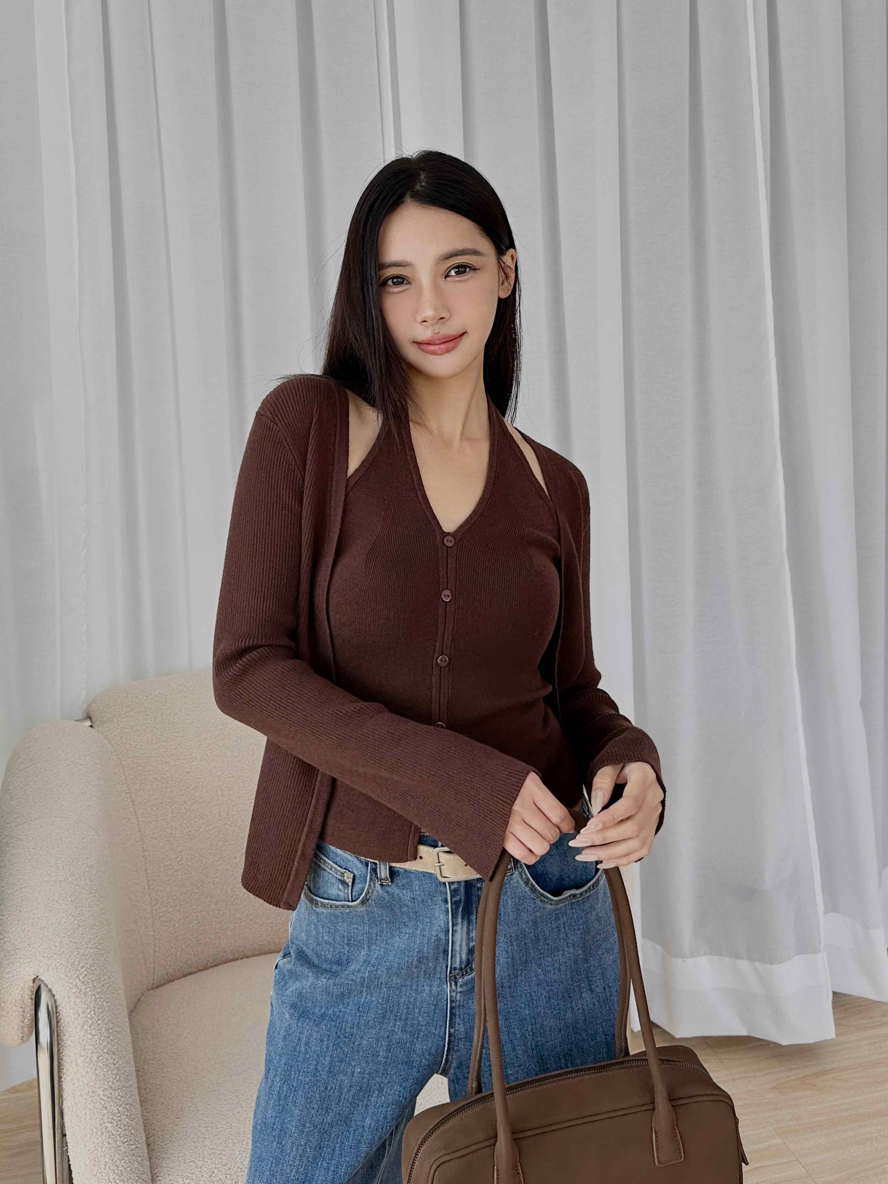 掛脖背心+針織罩衫二件組